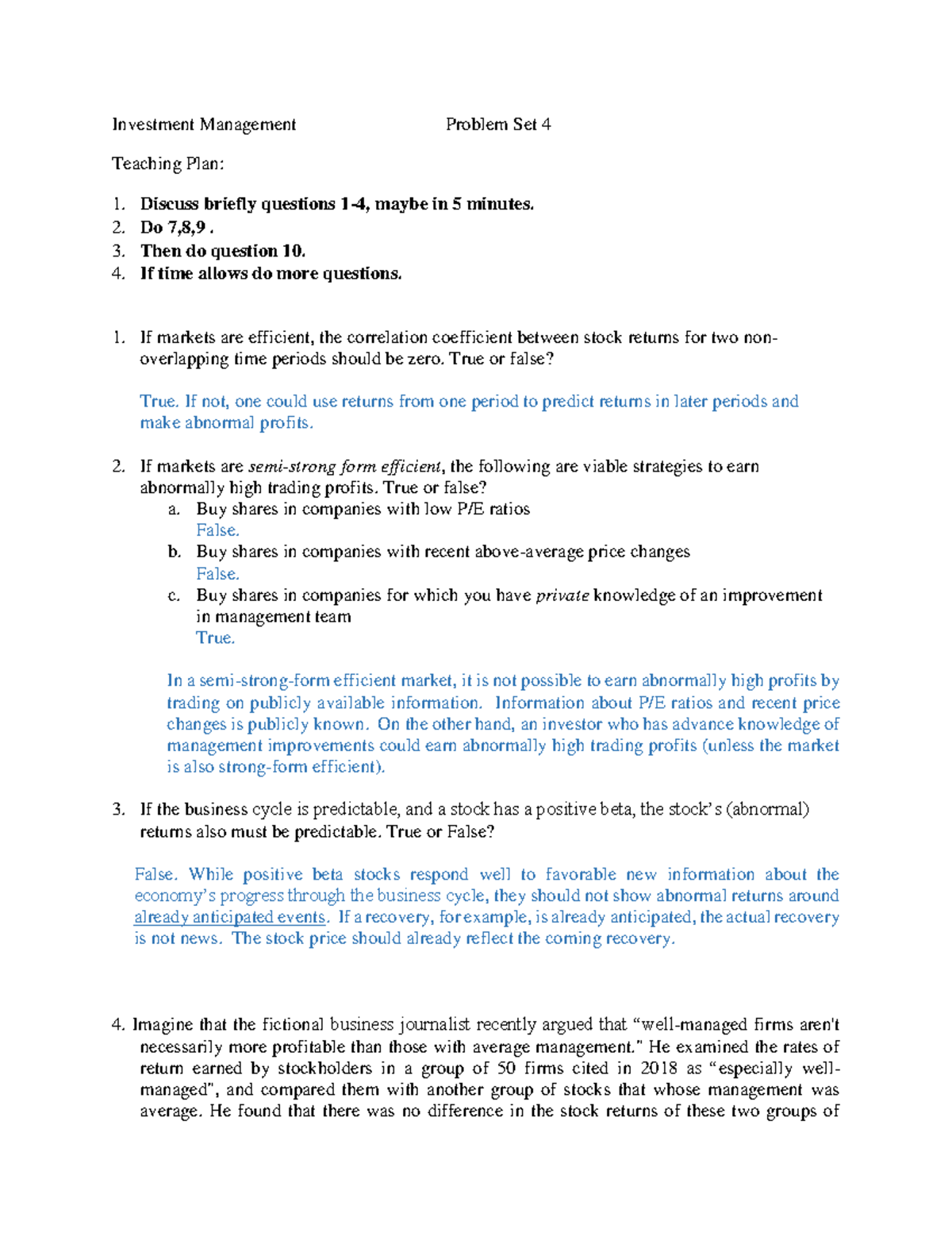 Investment Management Problem Set 4 Solutions (TP) Revision - Studocu