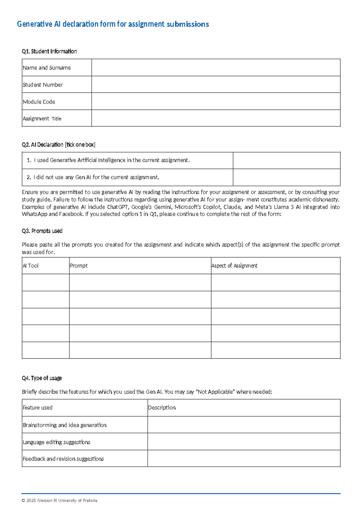Generative AI Declaration Form for Assignment Submissions Q1-Q6 - Studocu