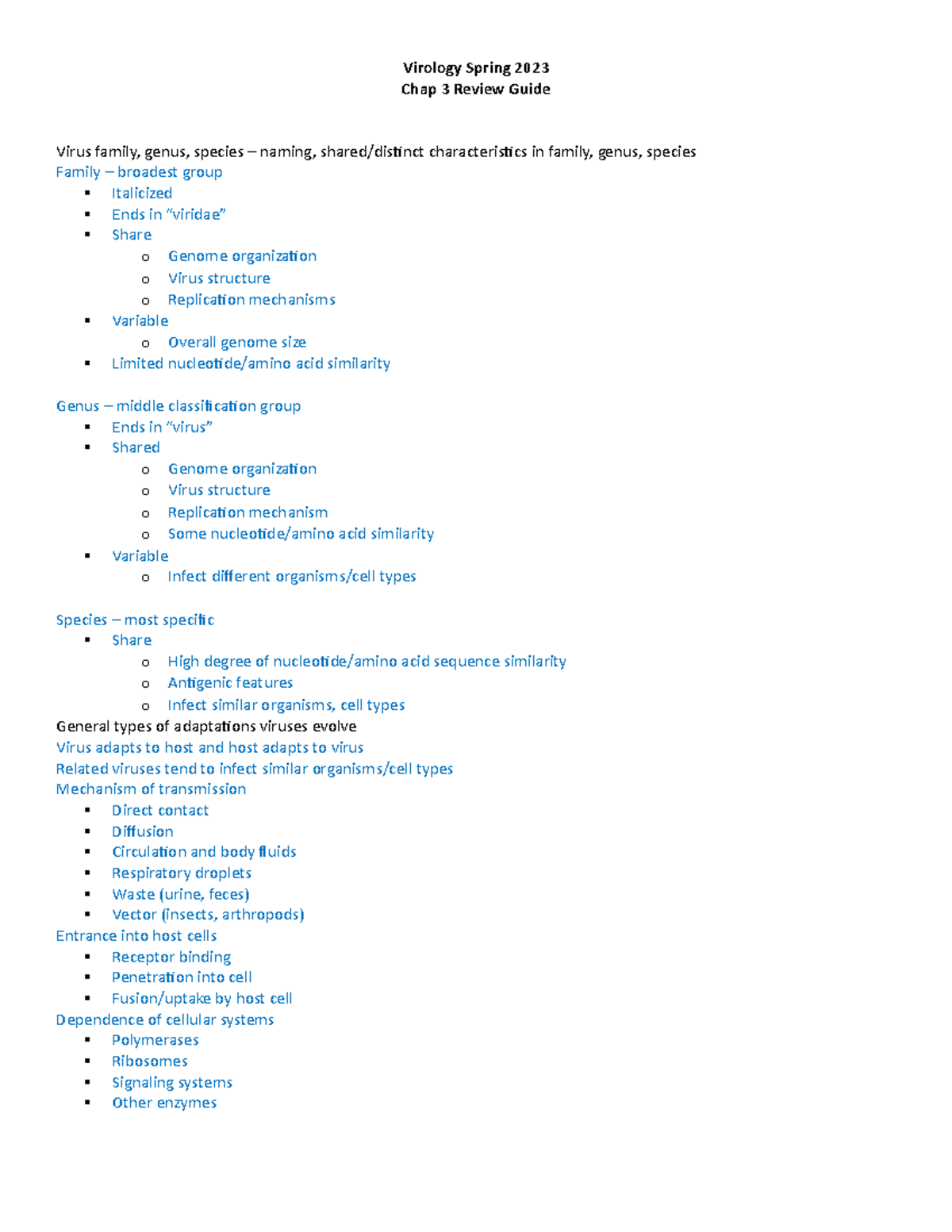 Virology Sp2023: Comprehensive Chap 3 Review Guide on Viruses - Studocu