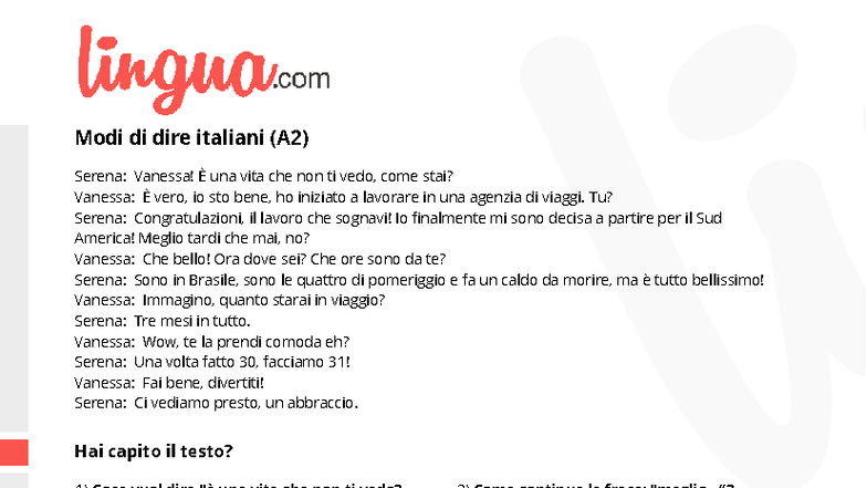 Modi di Dire Italiani (A2) - Conversazione e Domande di Comprensione ...