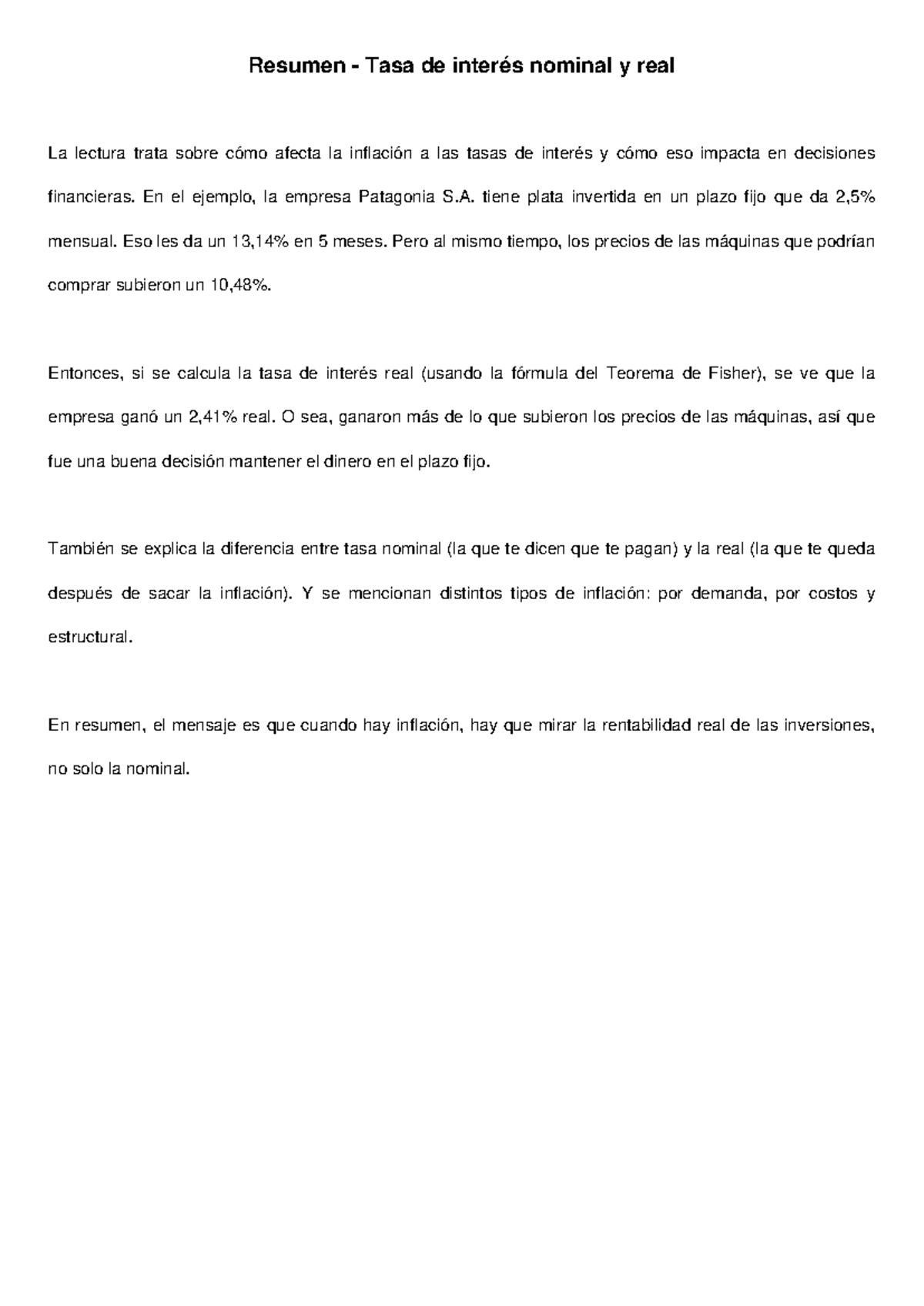 Resumen sobre Tasa de Interés Nominal y Real en Finanzas - Studocu