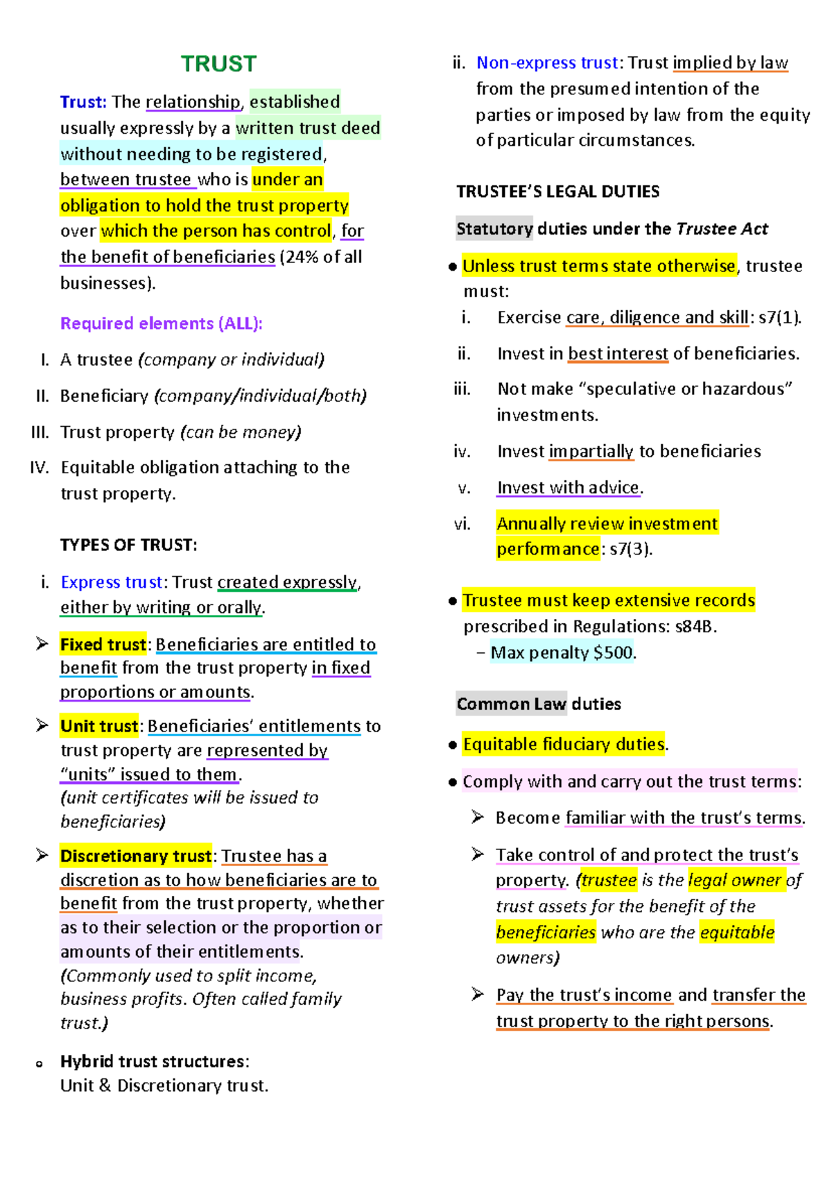 Comm Law Final Exam Notes on Trusts and Trustee Responsibilities - Studocu