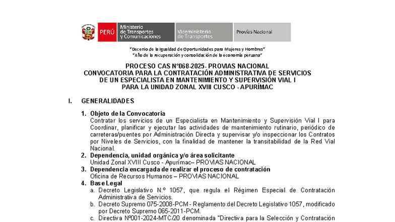 Bases CAS N°068-2025: Convocatoria para Especialista en Mantenimiento ...