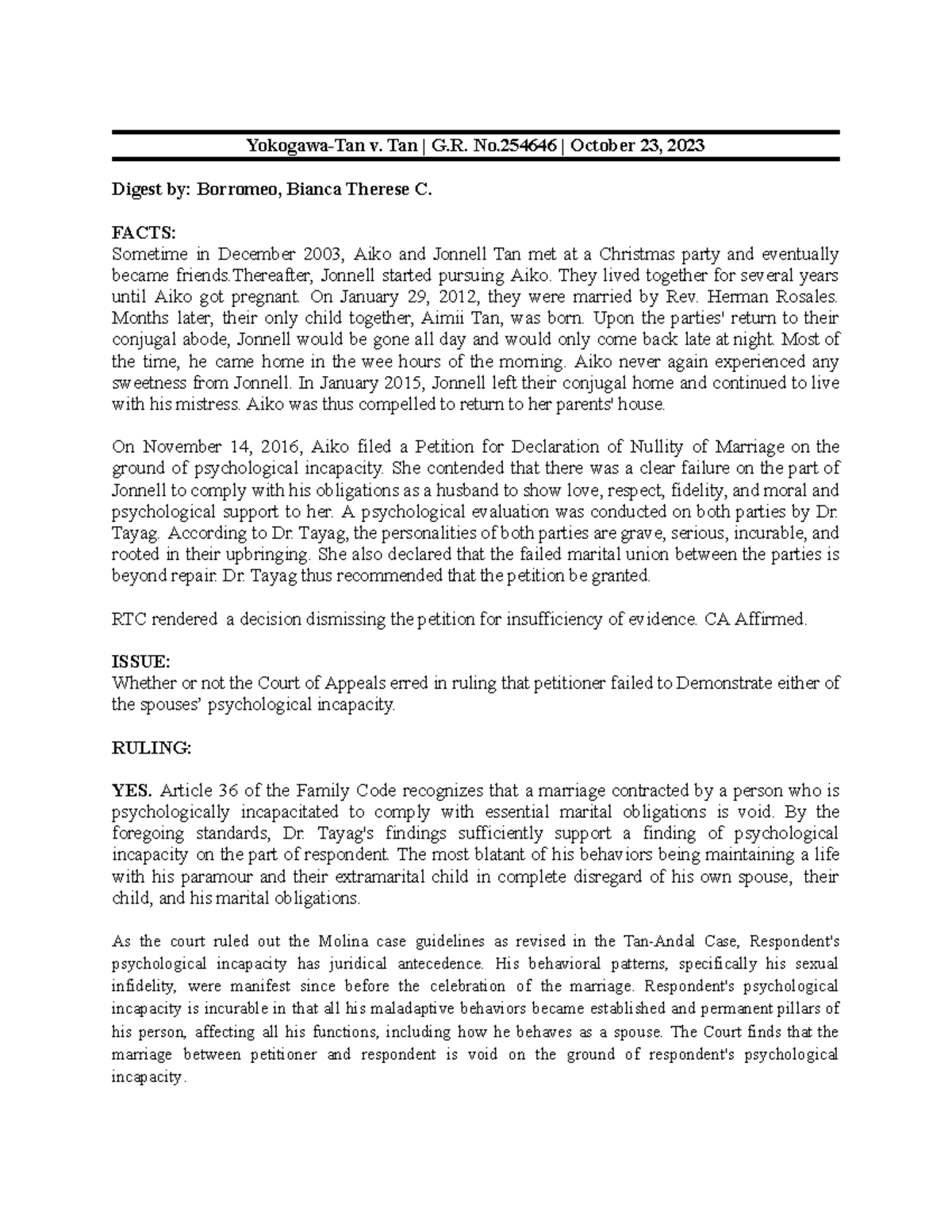 Yokogawa-Tan v. Tan: G.R. No. 254646 Case Digest on Psychological ...
