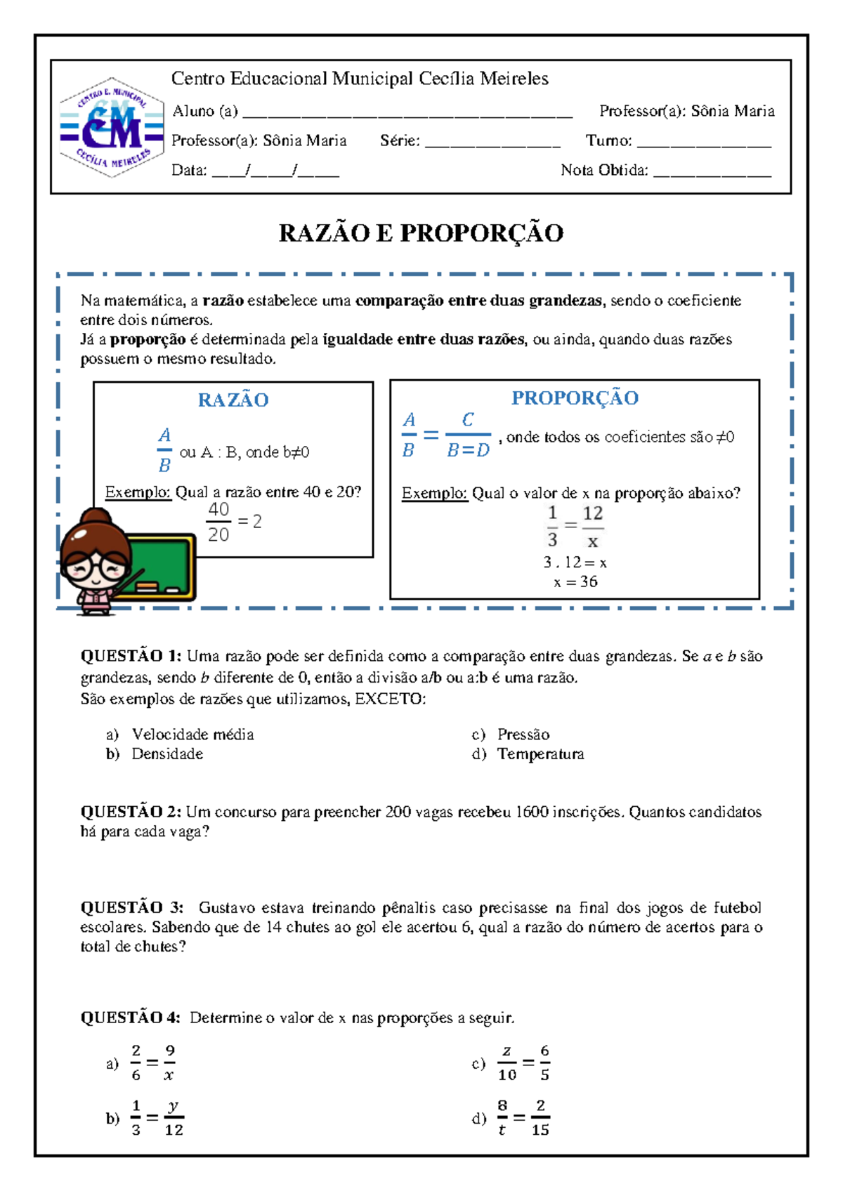 Atividade sobre Razão e Proporção - Sem Alternativas (Matemática) - Studocu