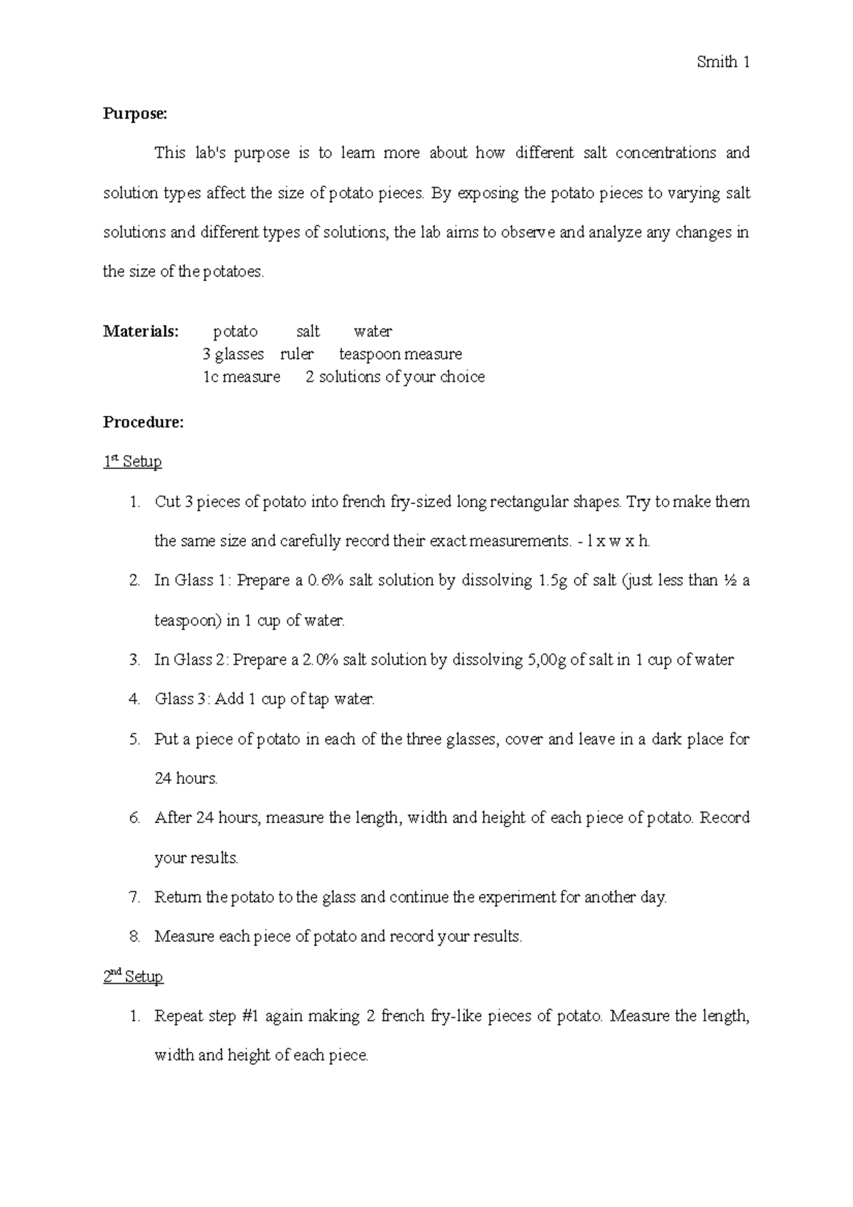 Potato Lab Report: Effects of Salt Solutions on Potato Size - Studocu