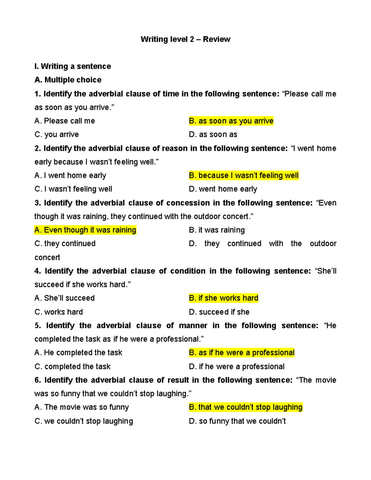 Writing level 2 - Review - key - Writing level 2 – Review I. Writing a ...
