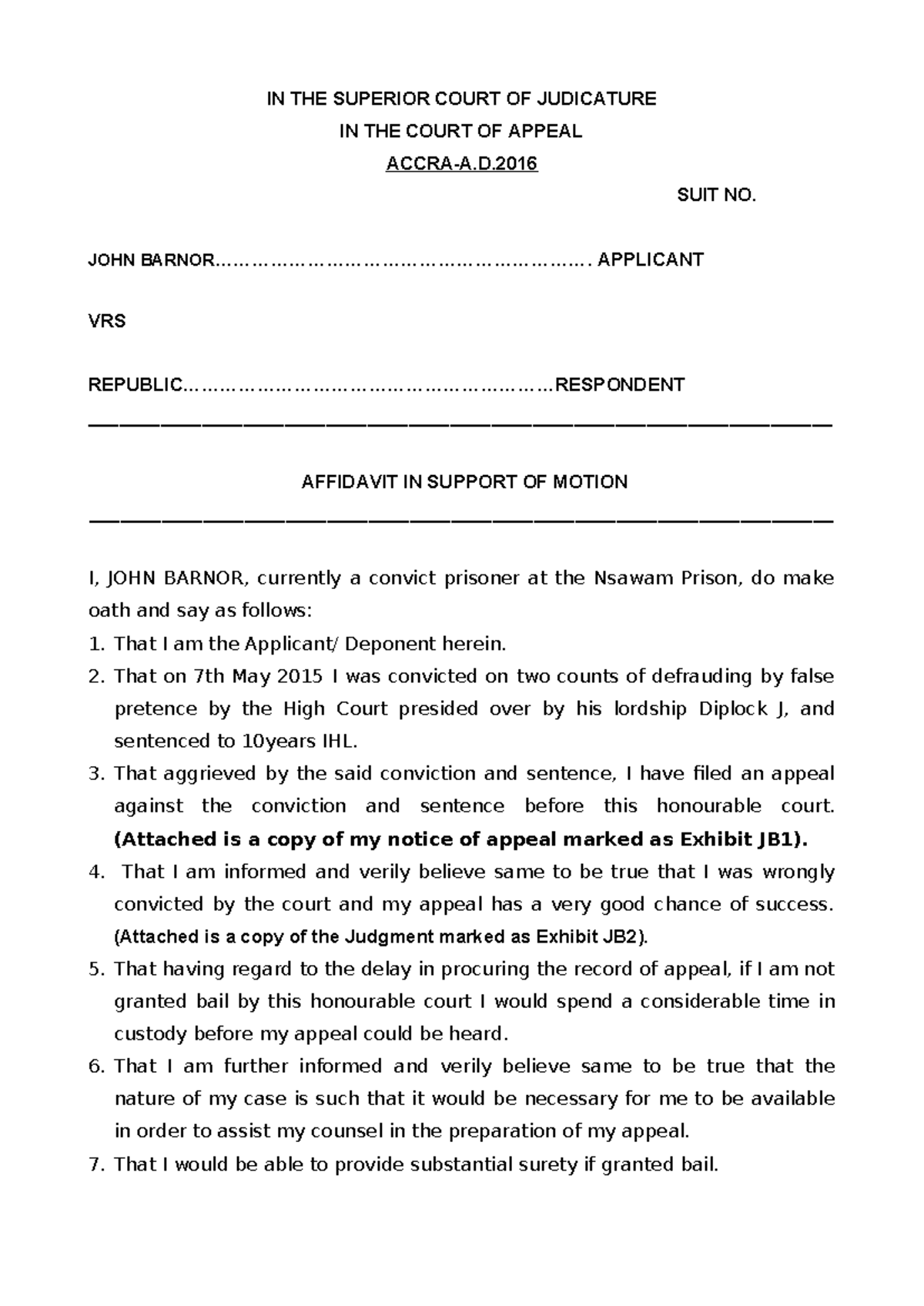 Affidavit in Support of Bail Pending Appeal - Suit No. [Insert No ...