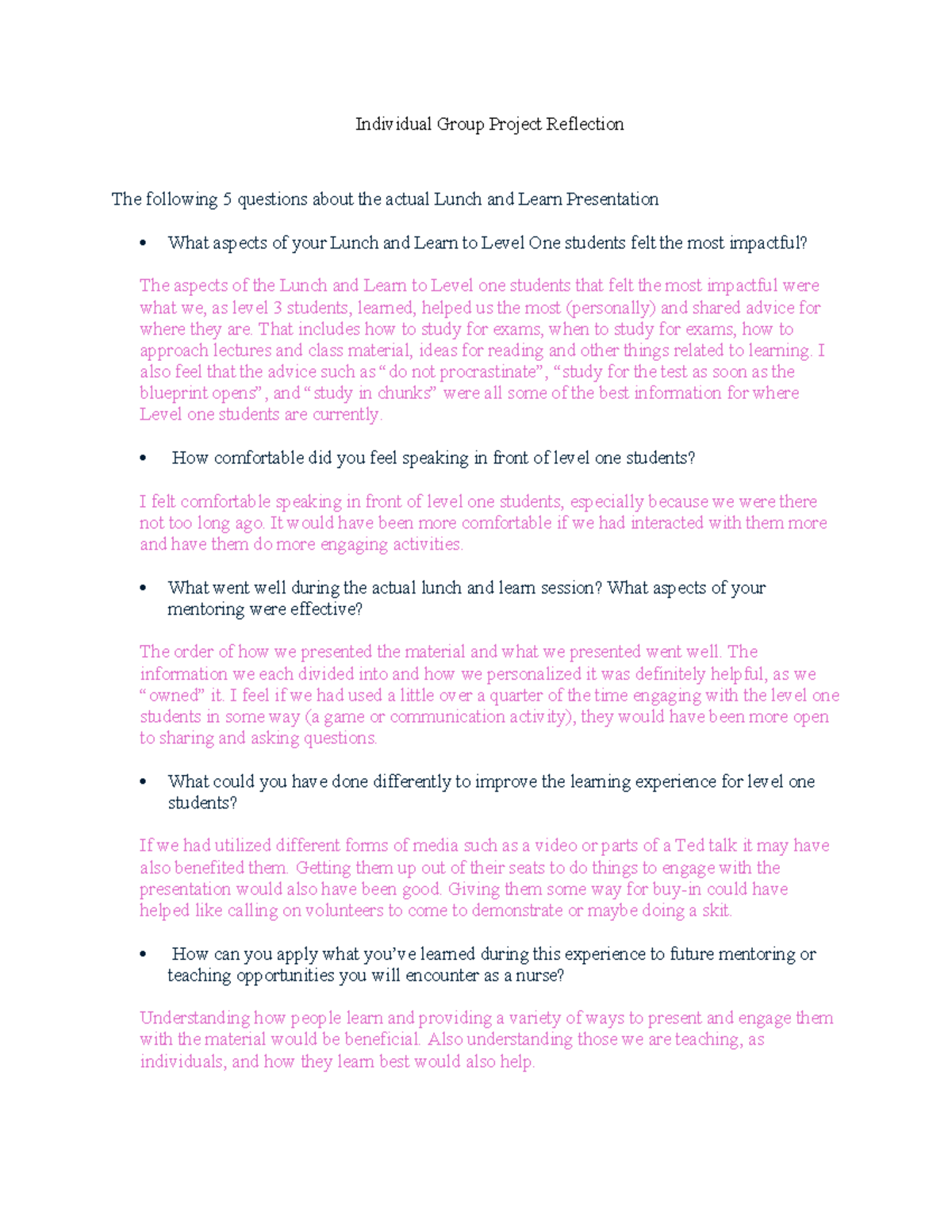 NUR 301 Individual Group Project Reflection on Lunch and Learn - Studocu