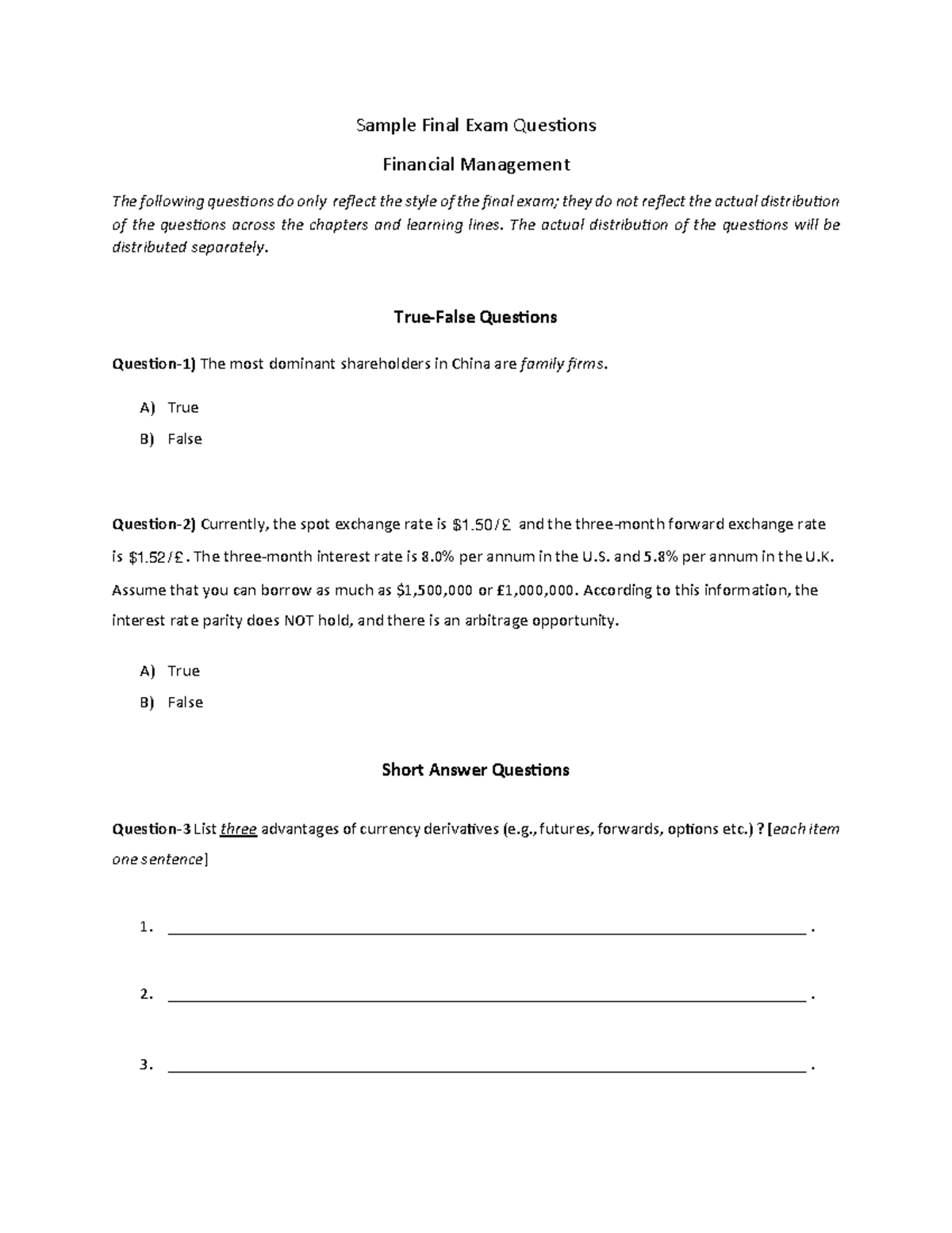 Financial Management Sample Final Exam Questions (FM 101) - Studeersnel
