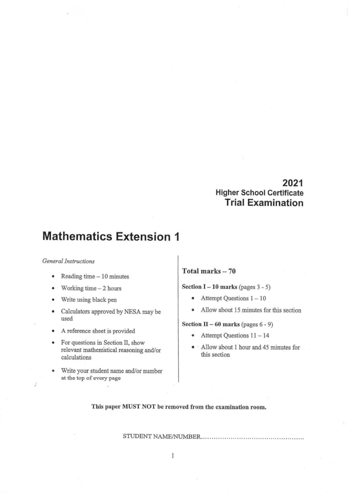 Mathematics Extension 1 HSC Trial Exam Instructions and Questions 2021 ...
