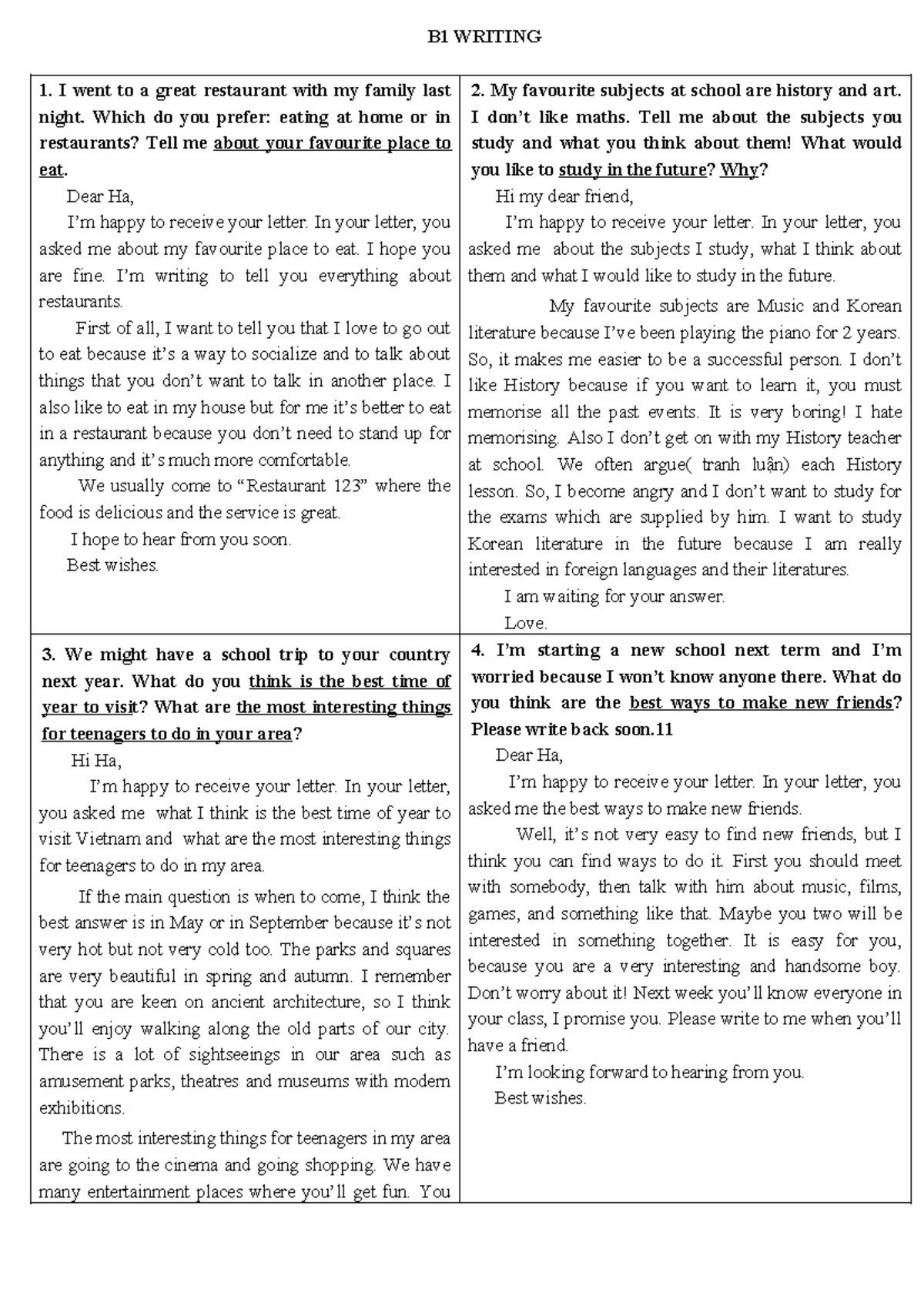 B1 Letter Writing Sample Responses - VNU Test - Studocu