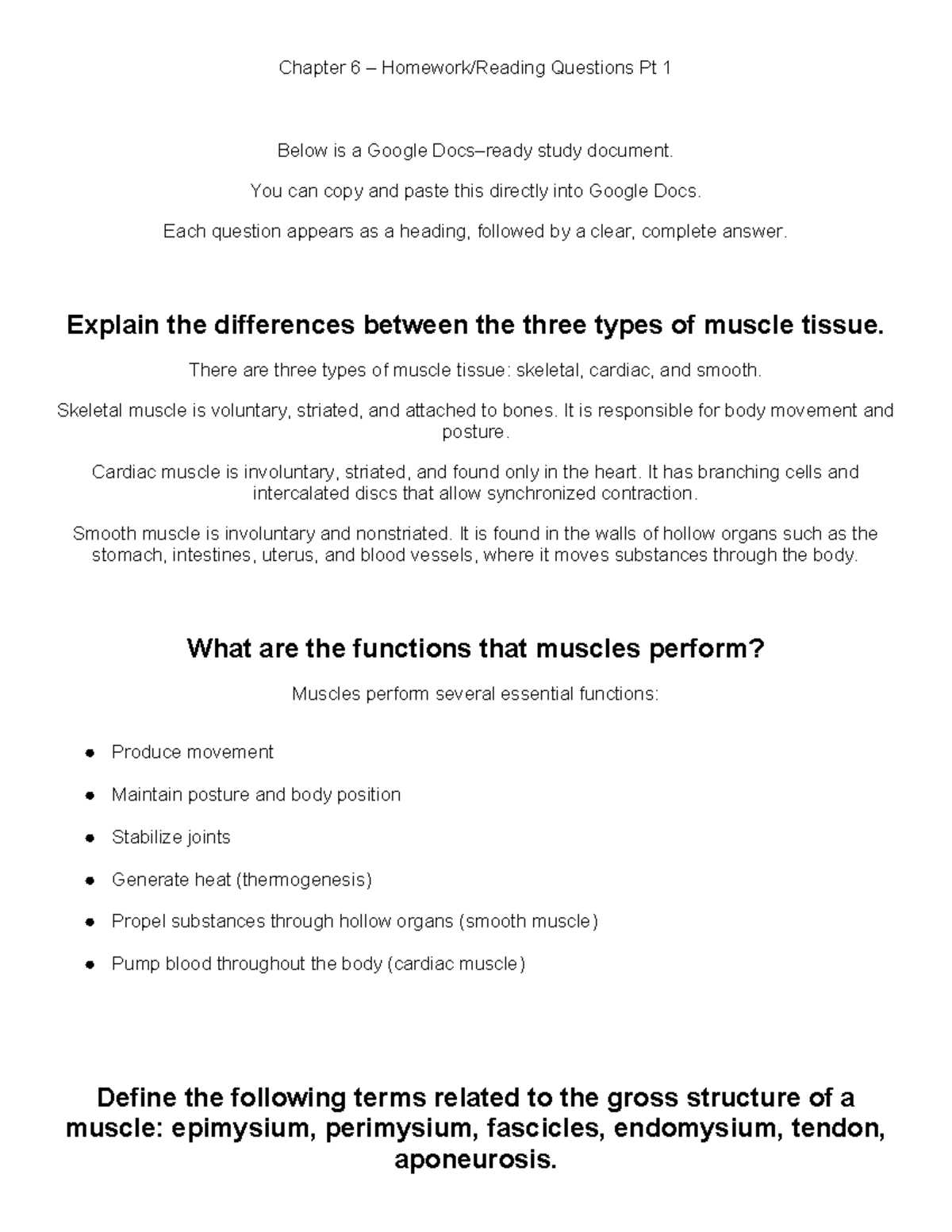 Chapter 6 HW Questions Pt 1: Muscle Tissue & Contraction Mechanisms ...