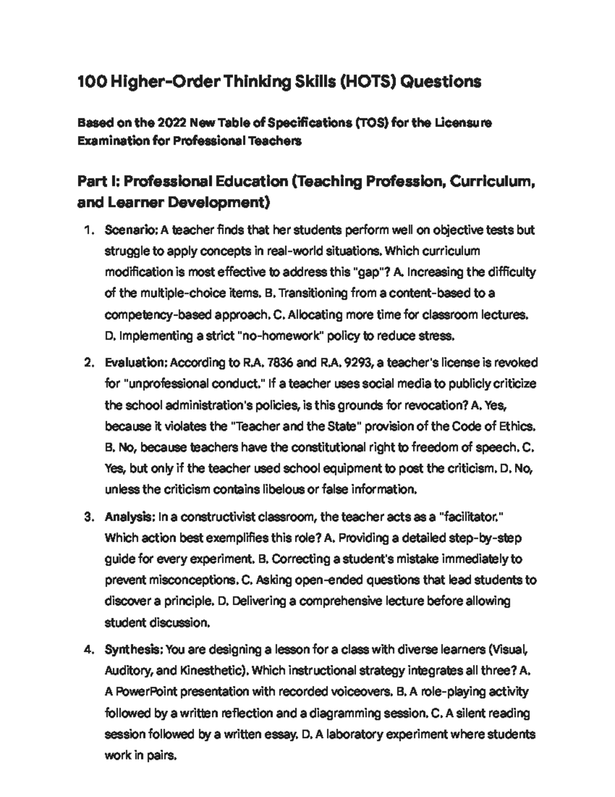 HOTS Questions for LET 2022: Professional Education Guide - Studocu