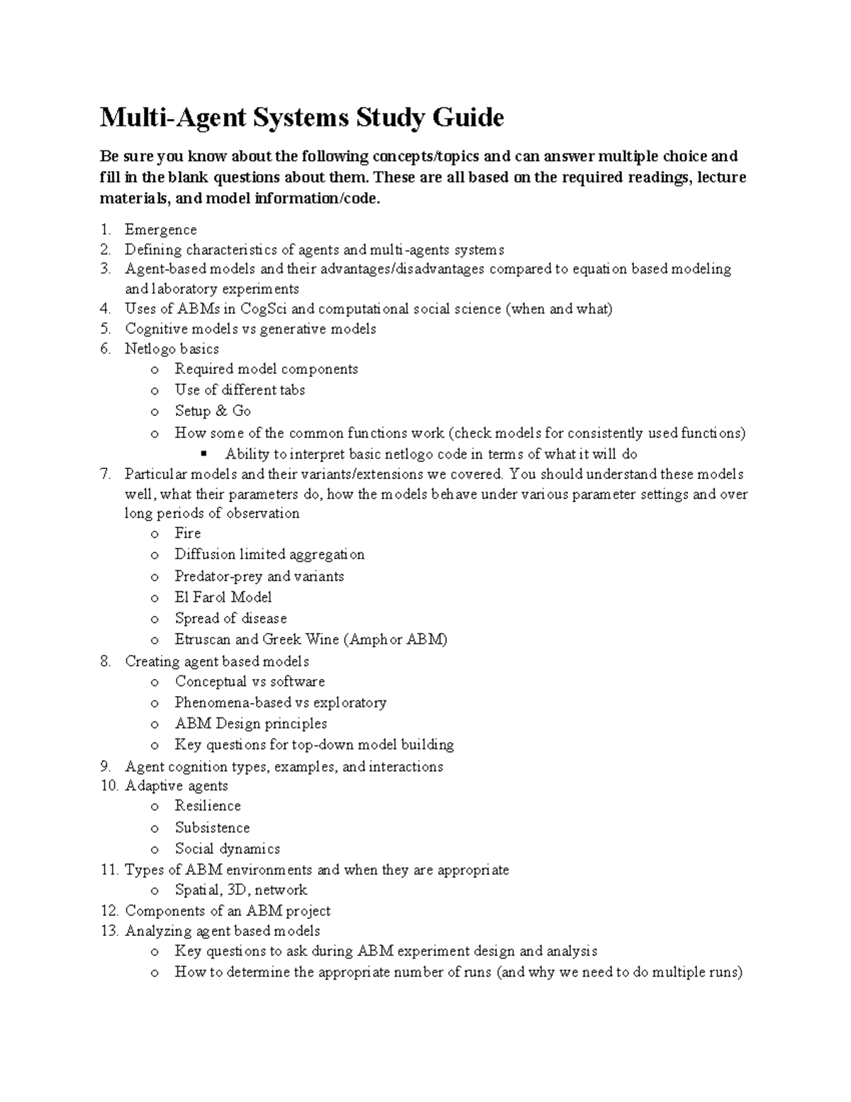 MAS Final Exam Study Guide 2024: Key Concepts in Multi-Agent Systems ...