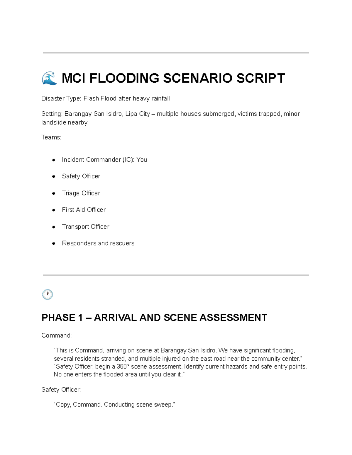 MCI FLOODING SCENARIO SCRIPT: Flash Flood Response Plan - Studocu