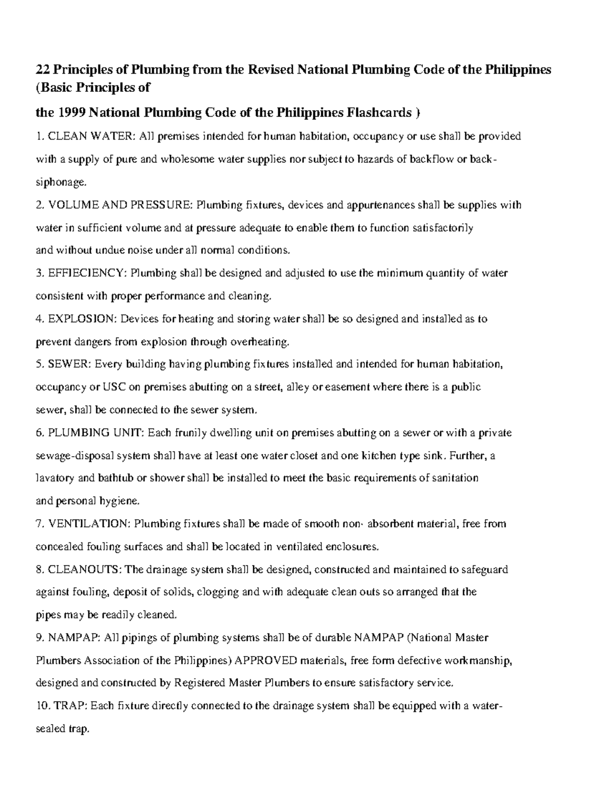 22 Key Plumbing Principles from the 1999 National Plumbing Code - Studocu