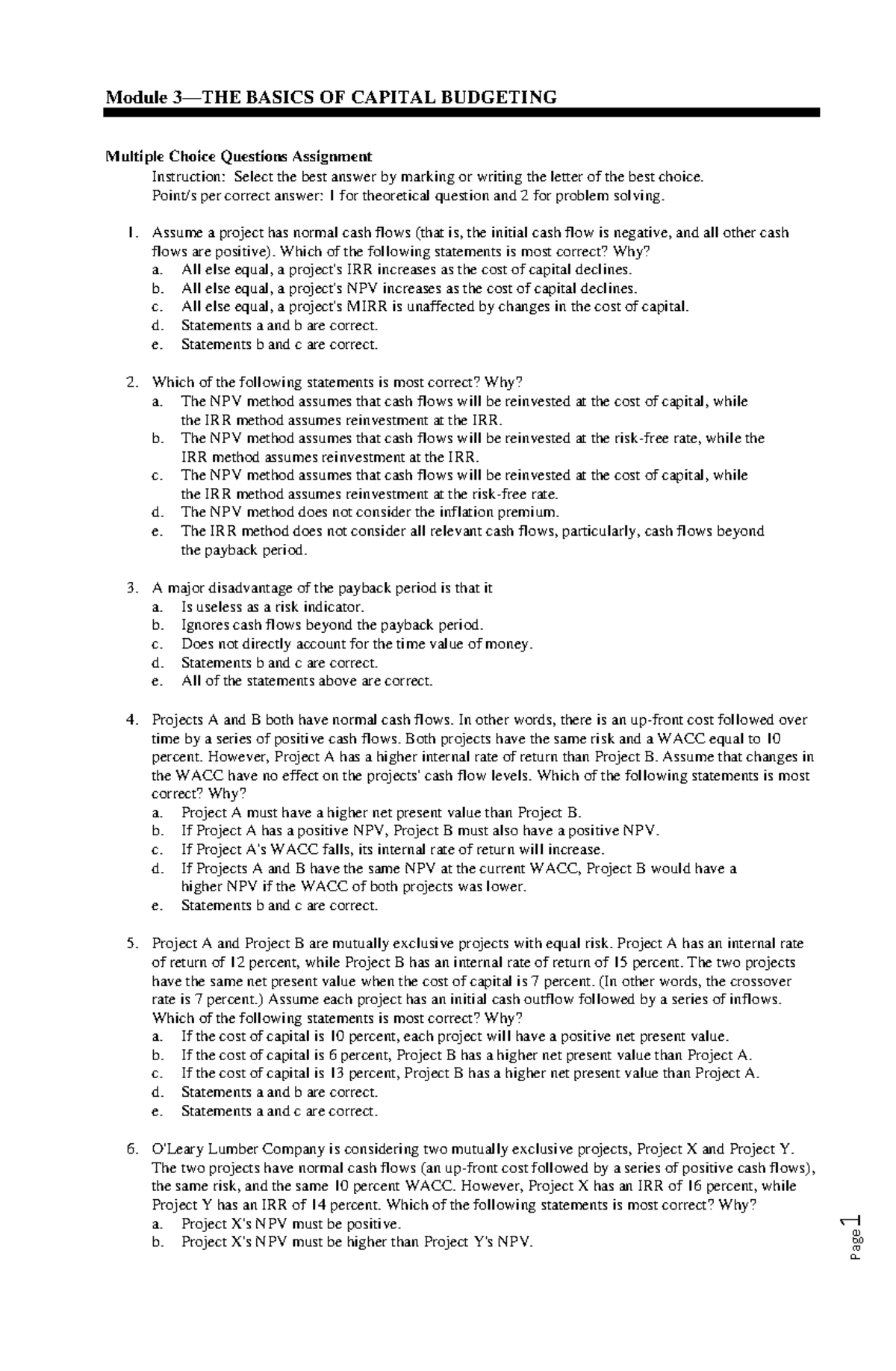 Capital Budgeting Basics - Practice MCQs and Assignments - Studocu