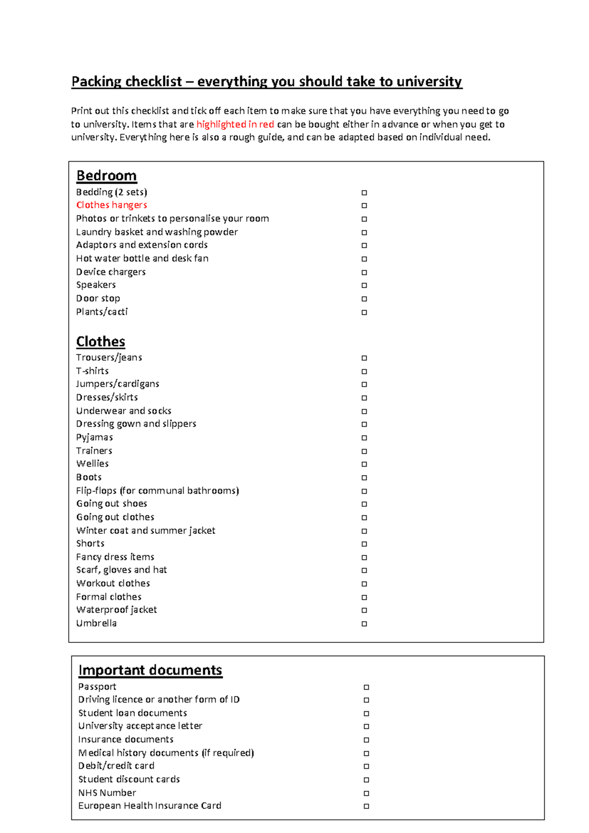 University Packing Checklist: Essential Items for Students - Studocu