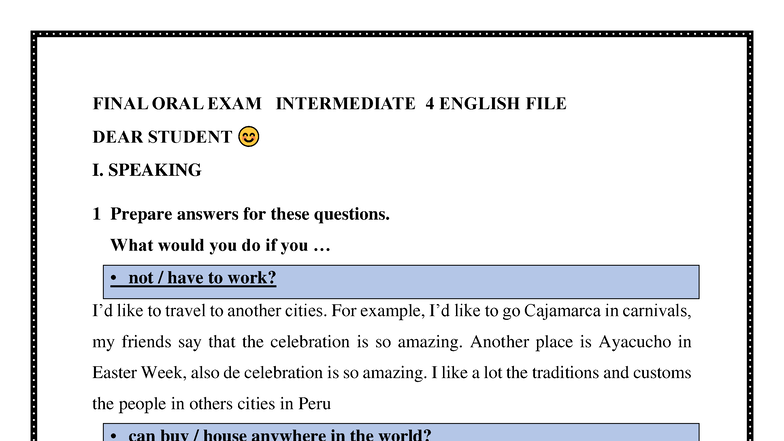 FINAL ORAL EXAM INTERMEDIATE 4 ENGLISH FILE - SPEAKING PREPARATION ...