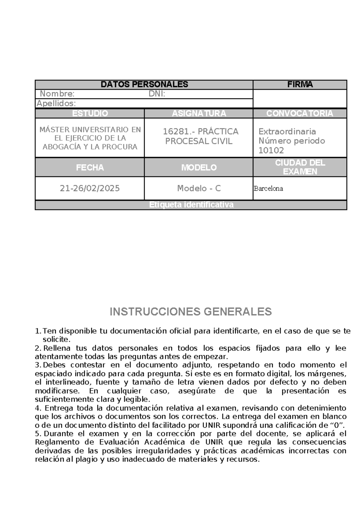 Examen Civil 2025 - Modelo C - Instrucciones y Preguntas - Document Preview