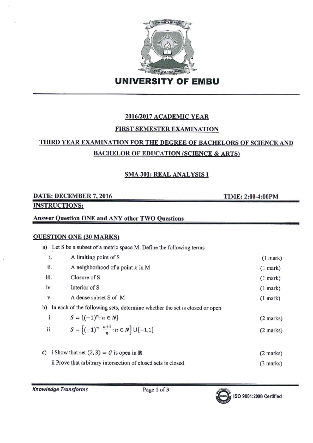 SMA 301 Real analysis Dec 2016 - UNIVERSITY OF ENBU KNOWLEDGE ...