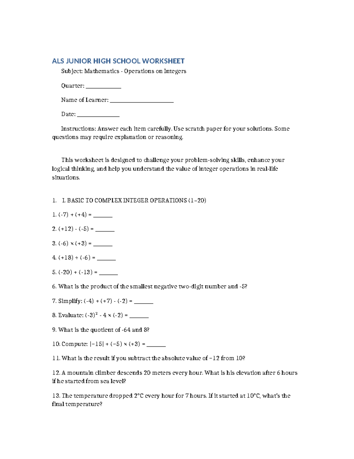 ALS JHS Math Worksheet: Operations on Integers Challenge - Studocu