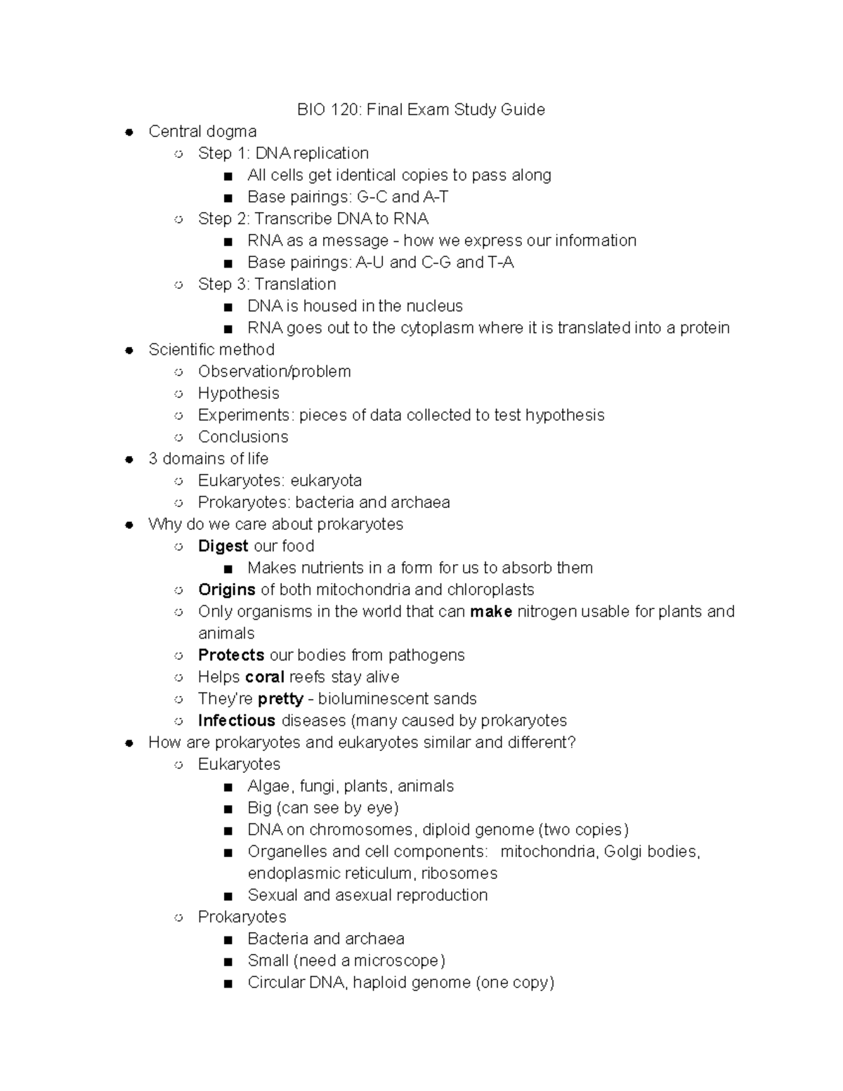 BIO 120 Final Exam Study Guide: Key Concepts and Topics - Studocu