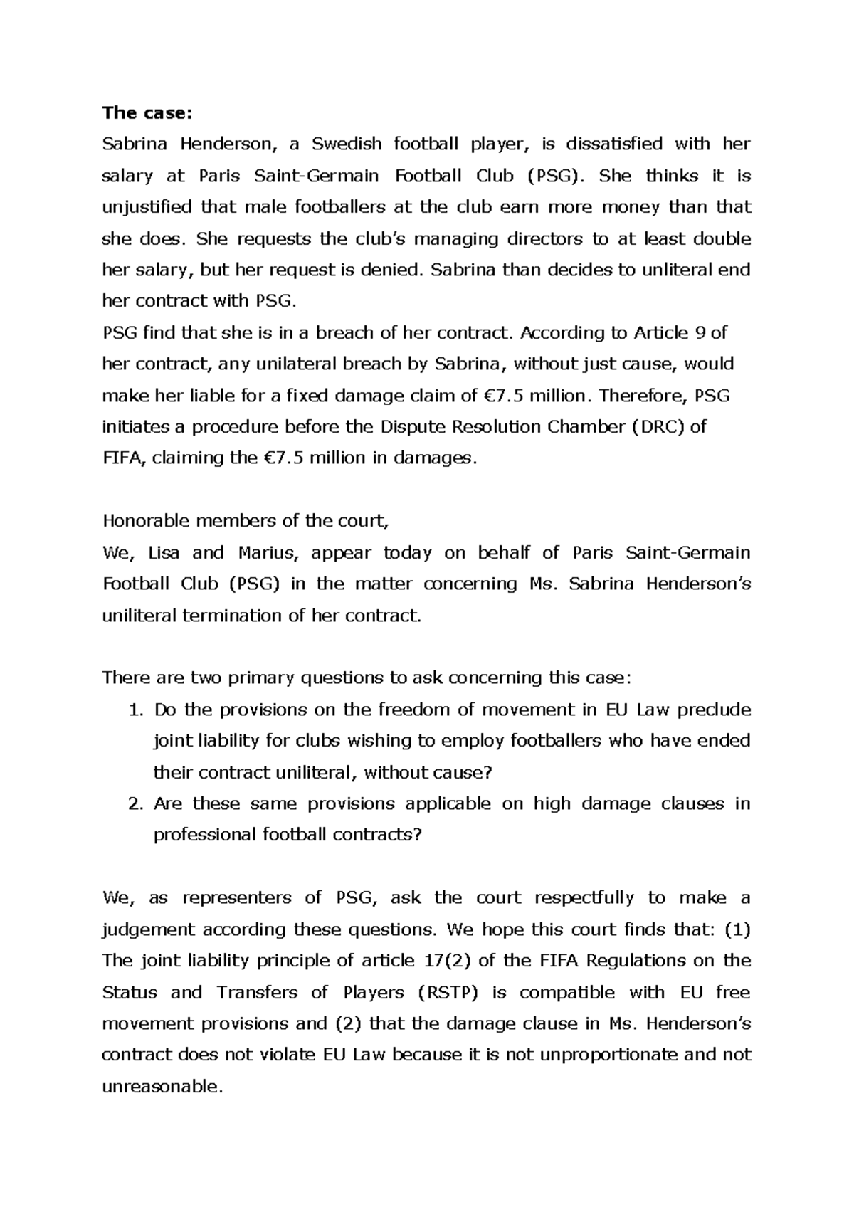 Moot Court Case Example: PSG vs. Henderson on Contract Breach - Studeersnel