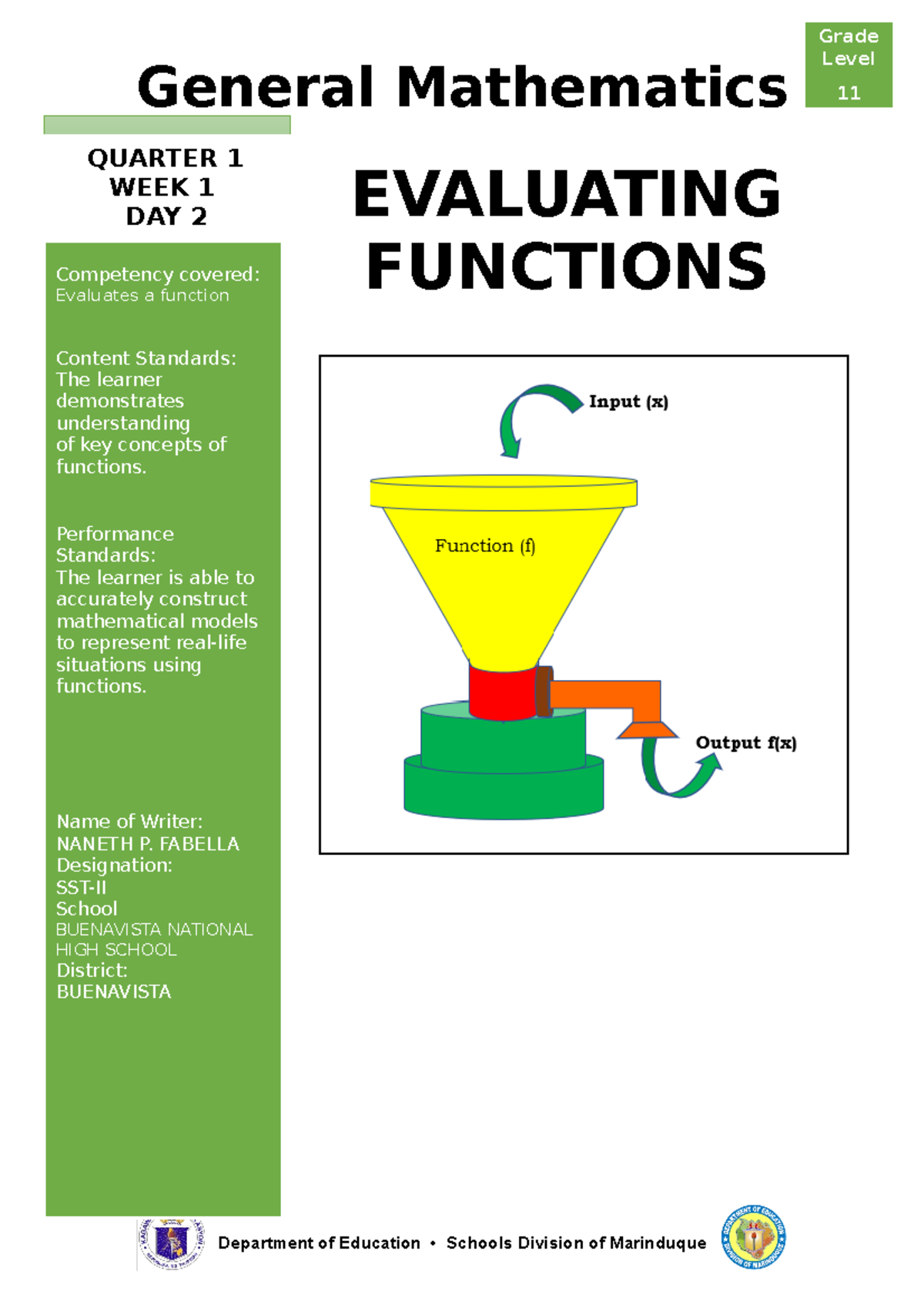 General-Mathematics-Module on Evaluating-Functions - Competency covered ...