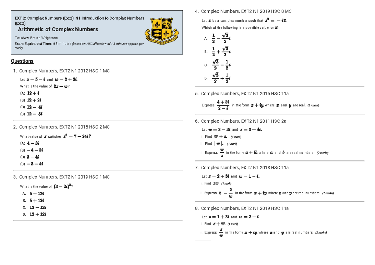 Arithmetic of complex numbers, EXT2 N1 2019 HSC exam notes - Studocu