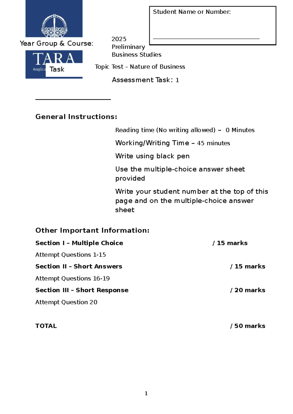 2025 ATB 1 Preliminary Business Studies - Nature of Business Test - Studocu