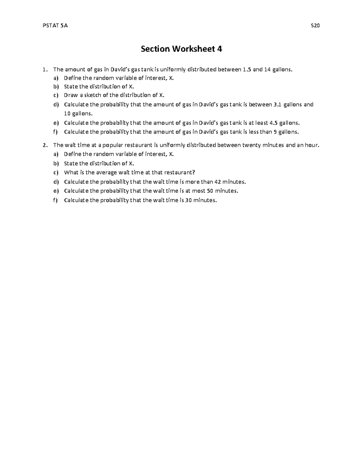 PSTAT 5A - Worksheet 4: Uniform Distribution Problems and Solutions ...