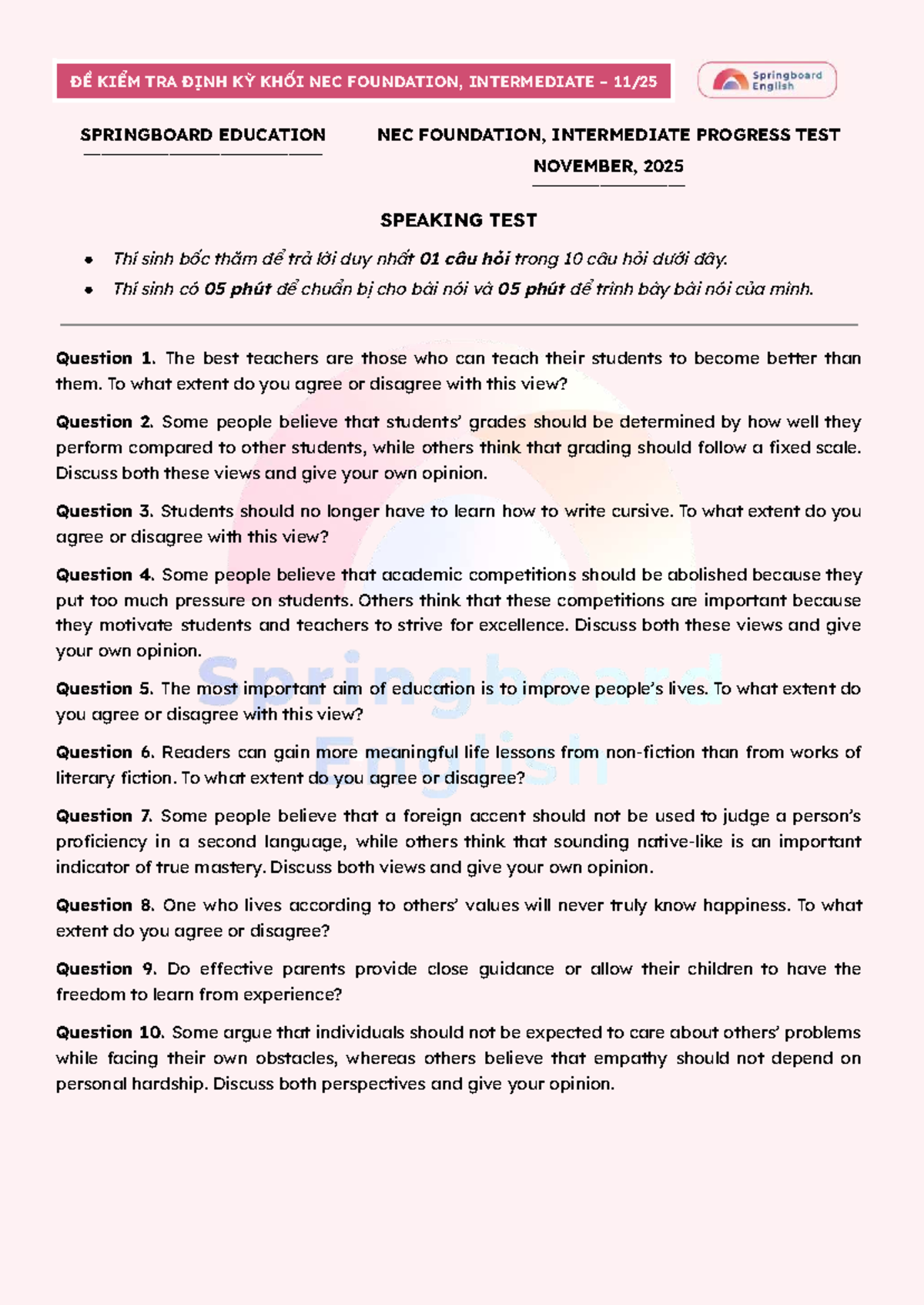 ĐỀ KIỂM TRA ĐỊNH KỲ KHỐI NEC FOUNDATION, INTERMEDIATE SPEAKING TEST ...