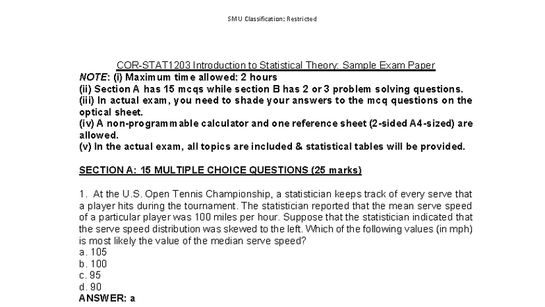 SMU STAT 101: Sample Exam Paper on Statistical Theory - Studocu