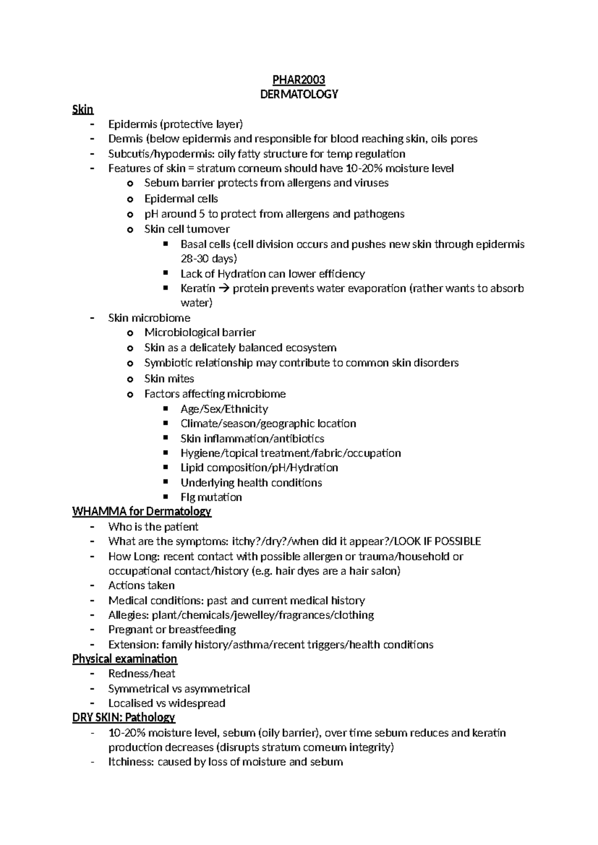 PHAR2003 - Dermatology Lecture Notes: Skin Conditions and Treatments ...