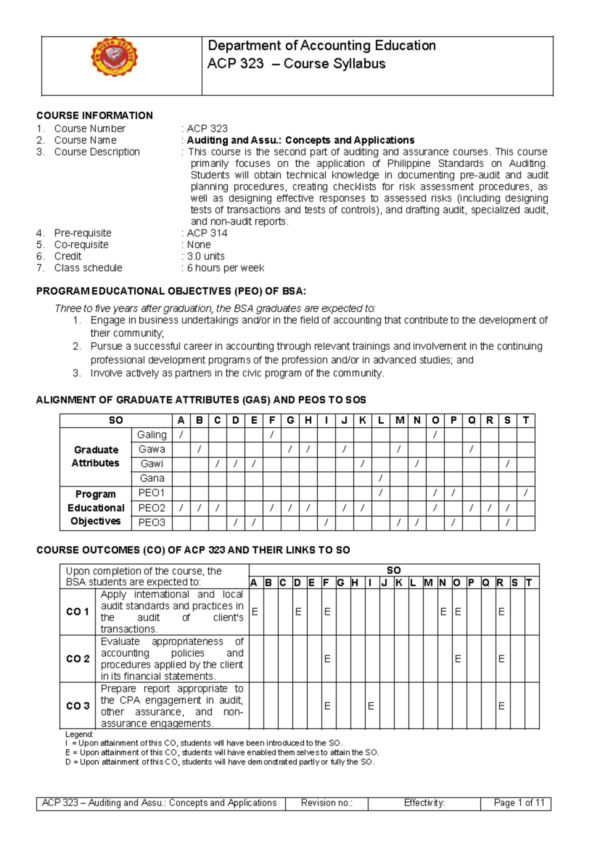 ACP 323 Auditing and Assurance: Course Syllabus Overview (Revised 2025 ...