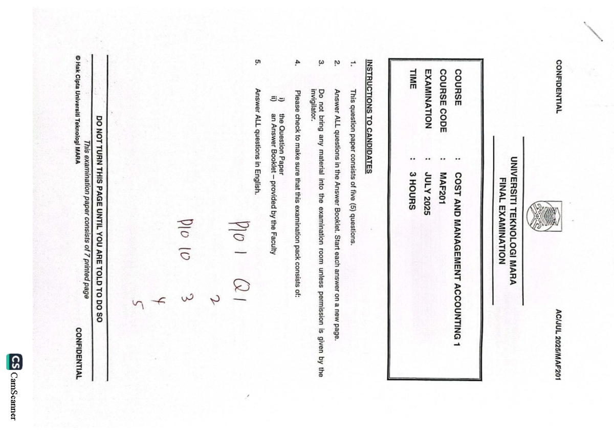 MAF201 - Final Exam Practice Questions for Cost & Management Accounting ...