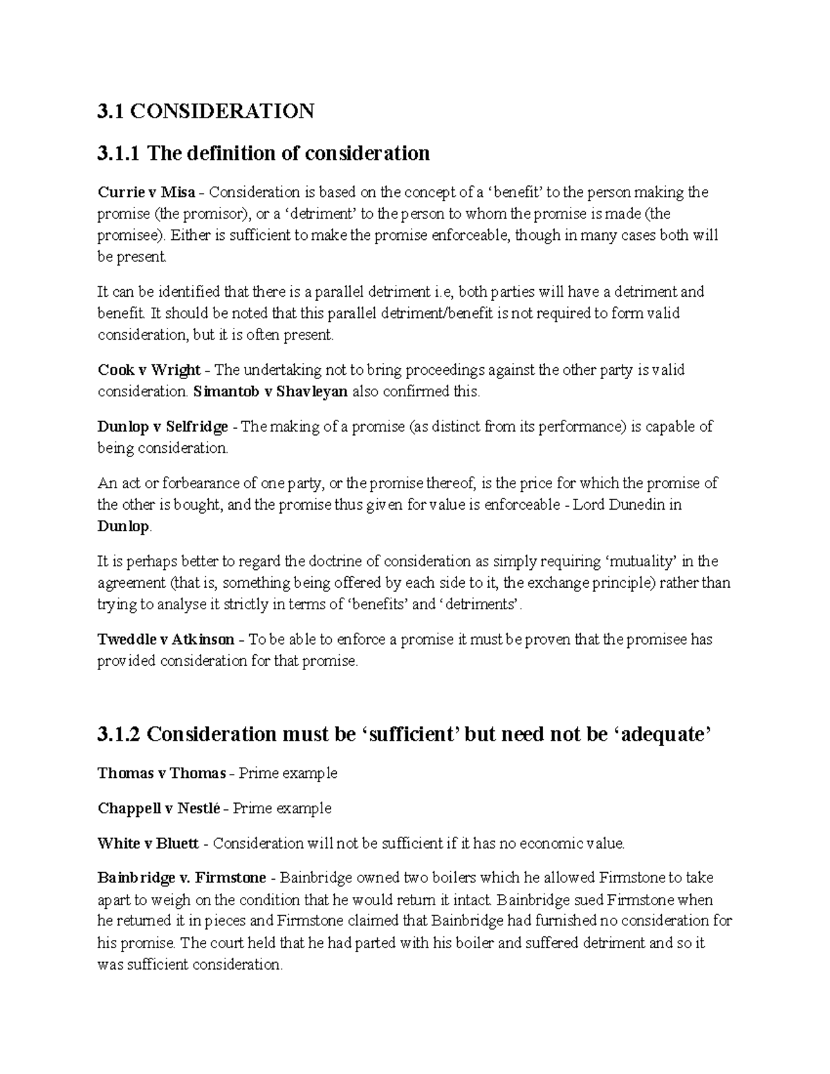 Key Cases for Consideration in Contract Law (LAW 101) - Studocu