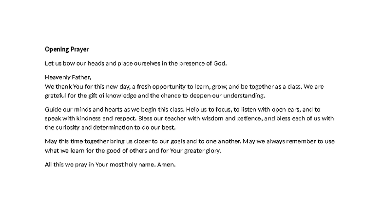 Opening Prayer for Class: A Moment of Reflection and Gratitude - Studocu