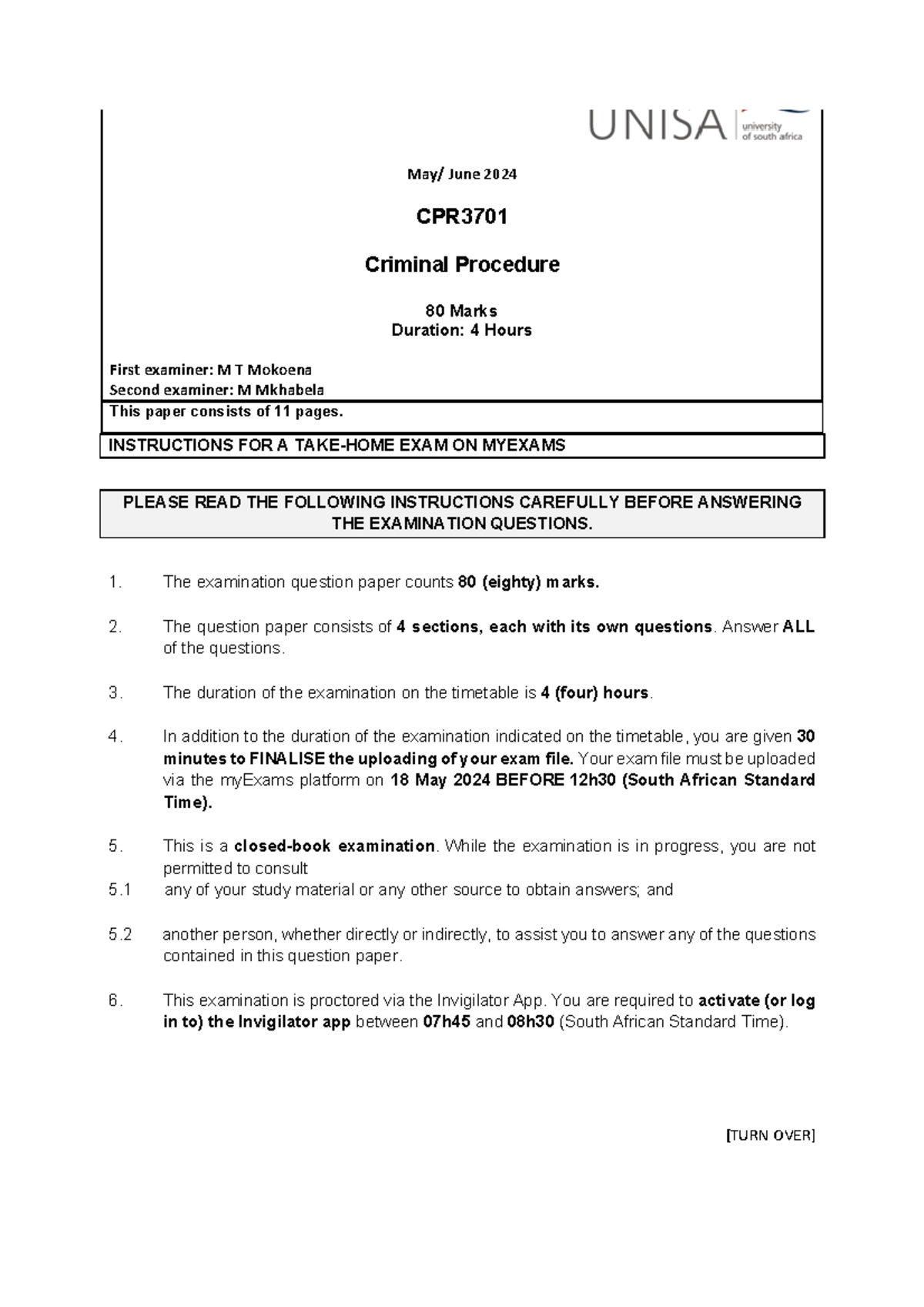 CPR3701 May/June 2024 - Take-Home Exam on Criminal Procedure Guidelines ...