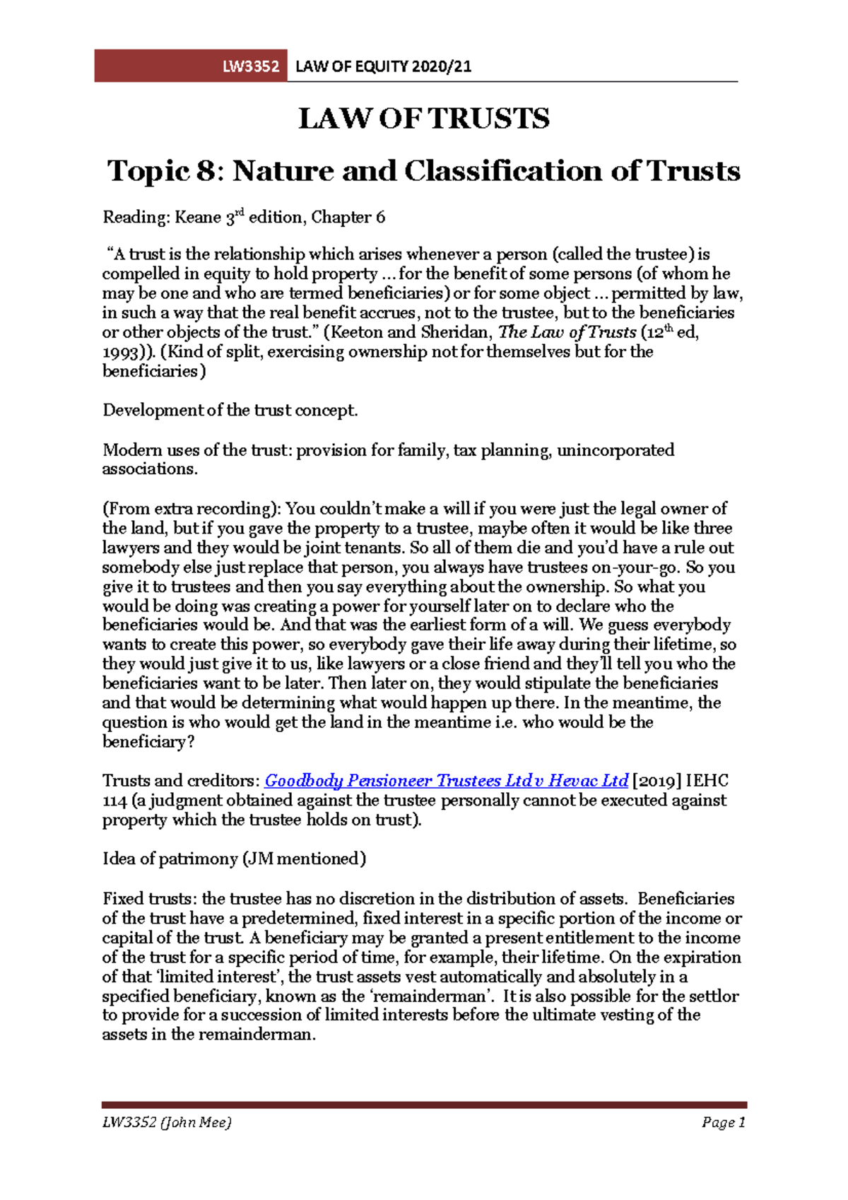 Topics 8-9 Nature and classification of trusts LW3352 2021 - LAW OF ...