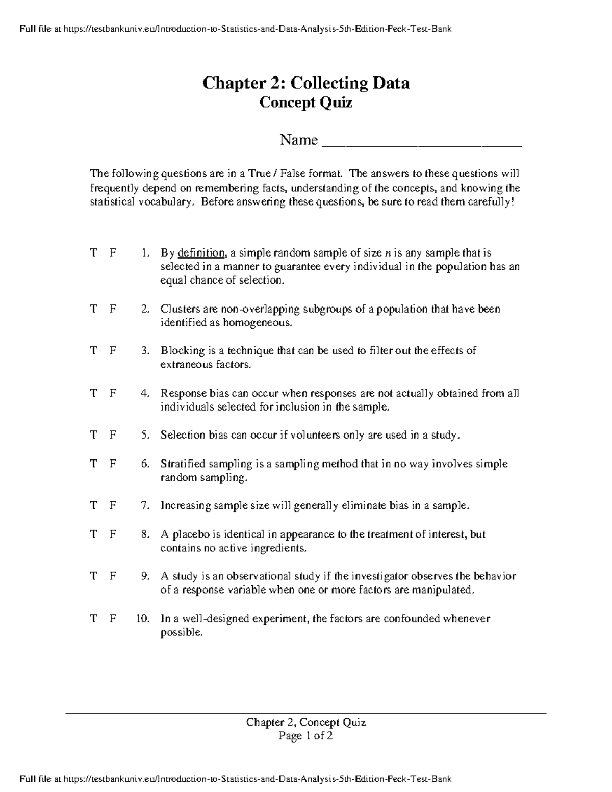 Chapter 2 Collecting Data: Concept Quiz and Answers (Forms A & B) - Studocu
