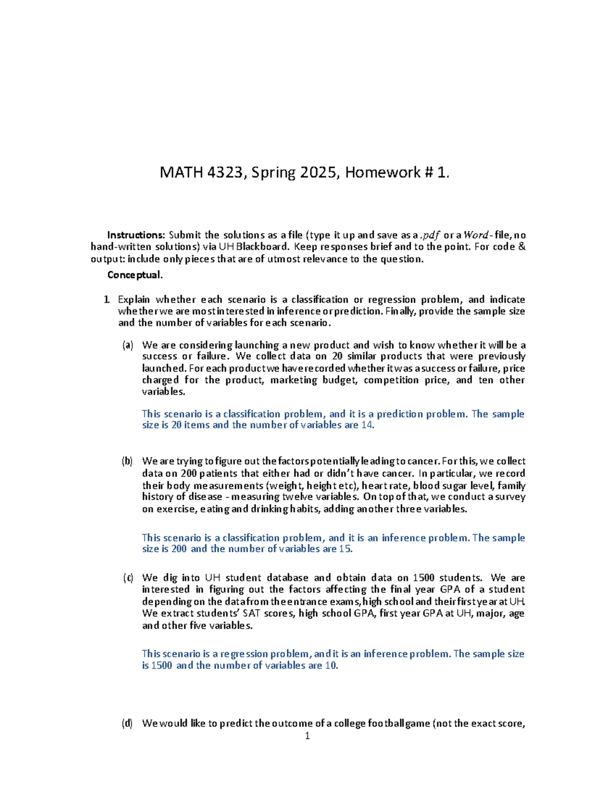 MATH 4323, Spring 2025, Homework 1: Classification & Regression ...