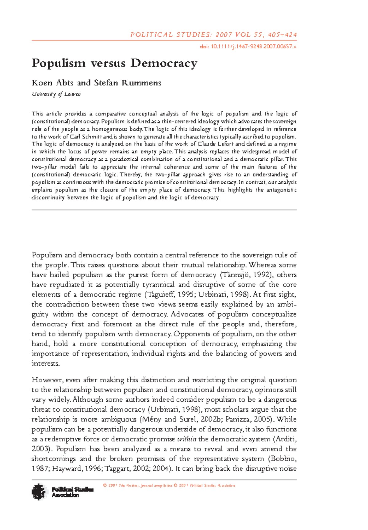 Populism vs democracy - aaaaaa - Populism versus Democracy Koen Abts ...