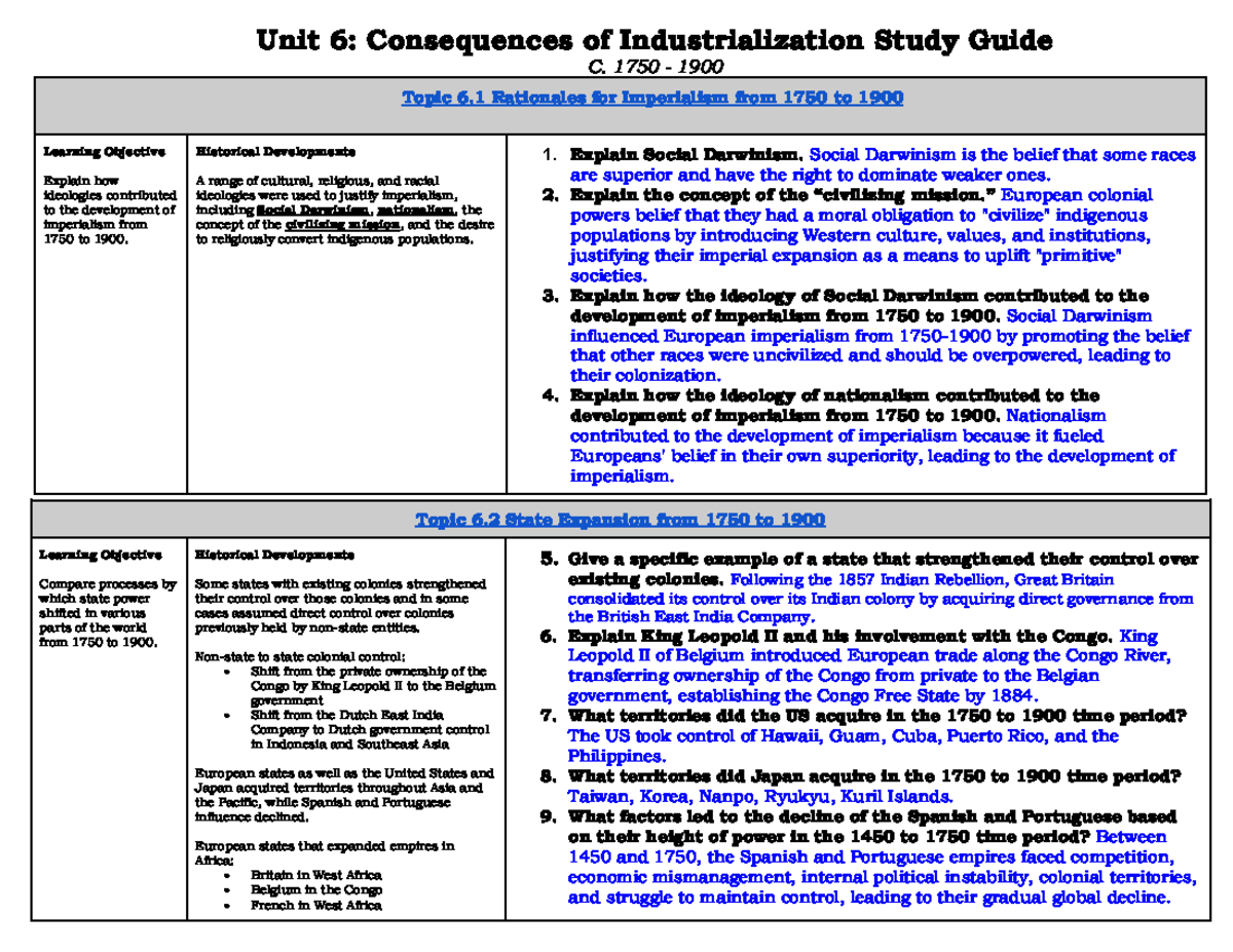Unit 6 Study Guide: Consequences of Industrialization (C. 1750-1900 ...