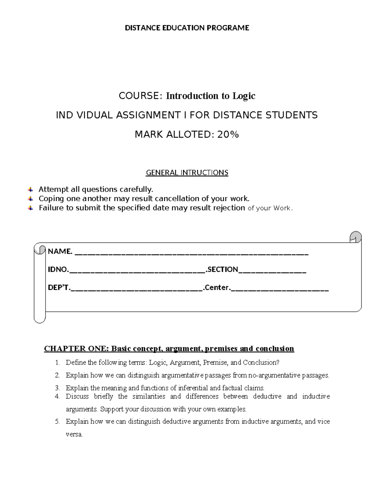 Distance assignment Logic - DISTANCE EDUCATION PROGRAME COURSE ...