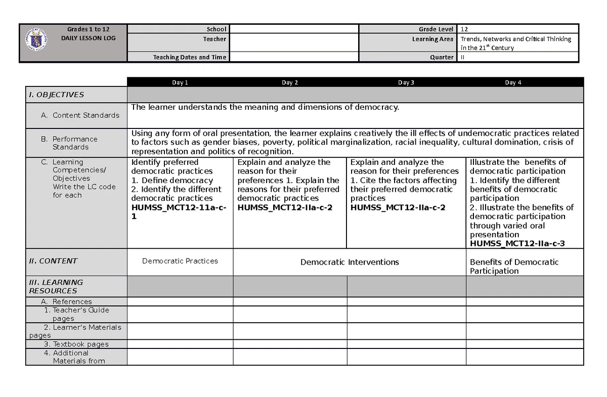 DLL Blank - Copy - Simplified Format for DLL - DAILY LESSON LOG School ...