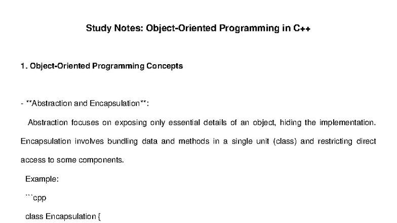 OOP Study Notes C++: Key Concepts & Abstraction Techniques - Studocu