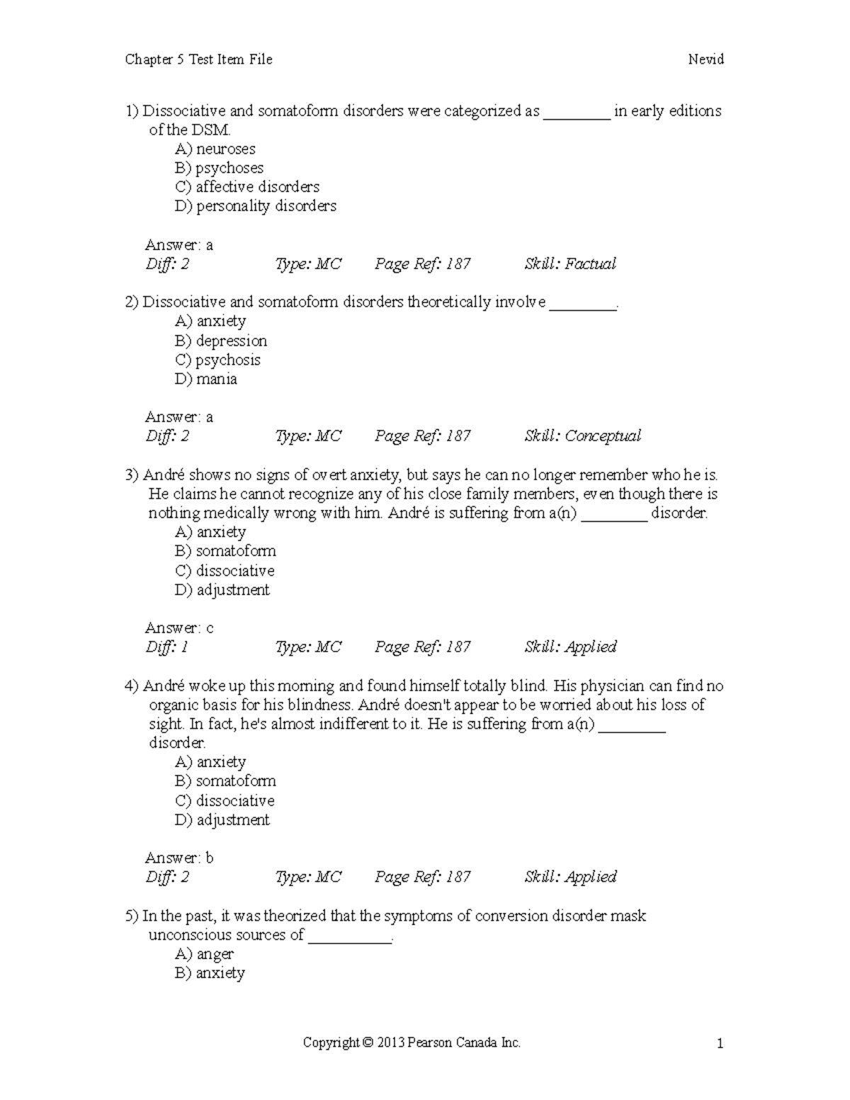 Nevid 3ce TIF Ch05 - Abnormal Psychology Practice Questions (Chapter 5 ...